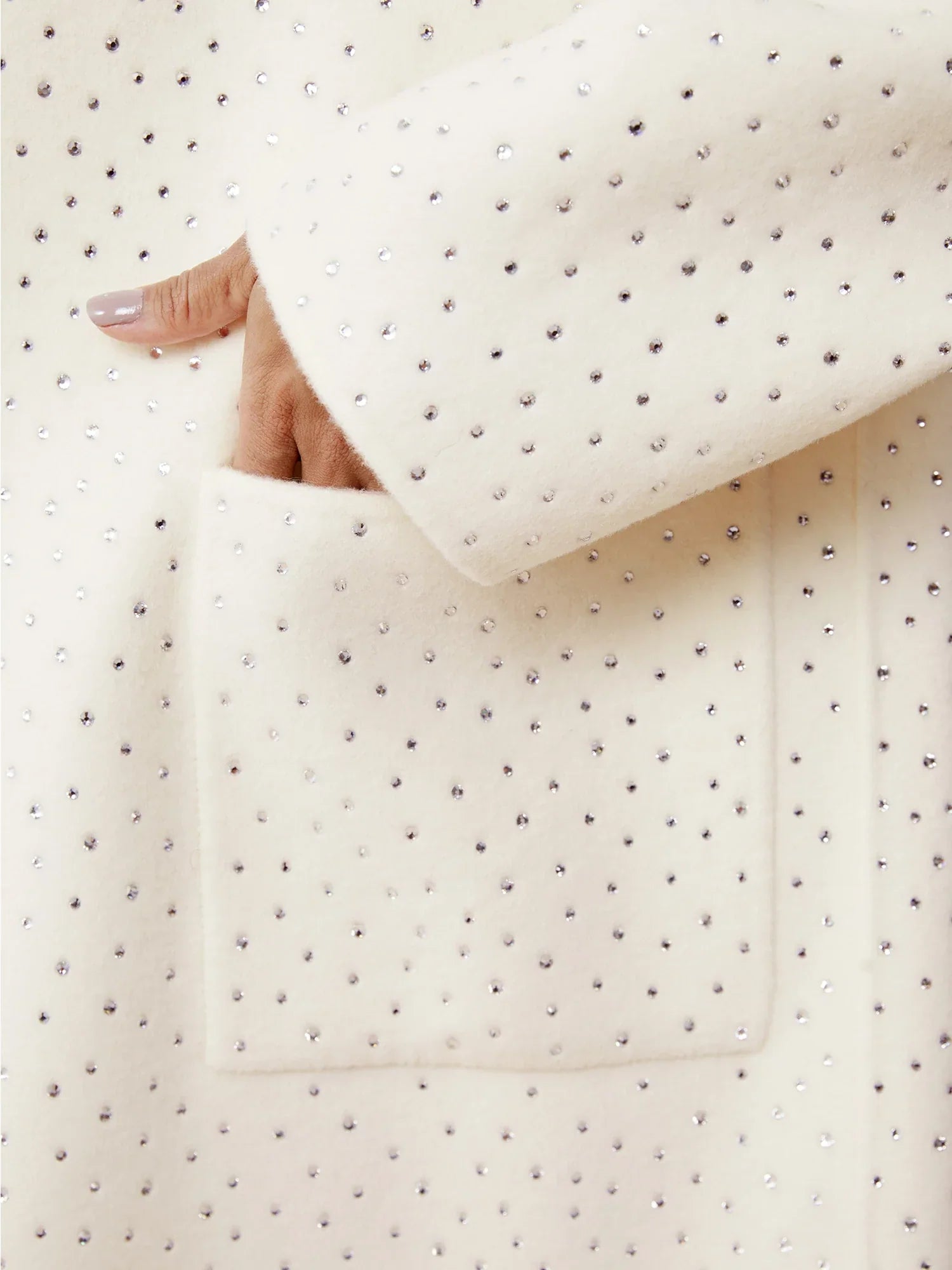 Yün Rhinestone Fermuarlı Uzun Kaban