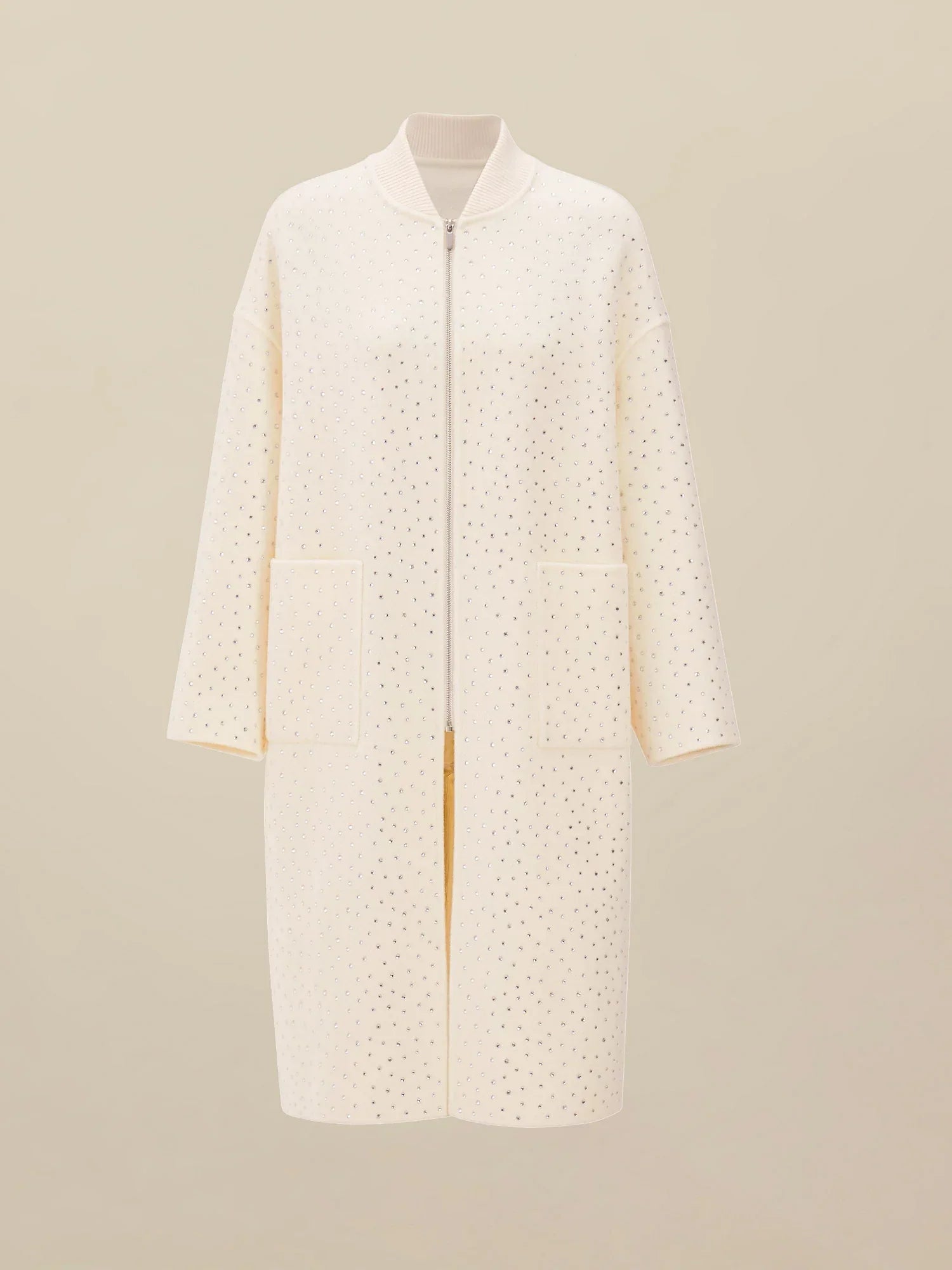 Yün Rhinestone Fermuarlı Uzun Kaban