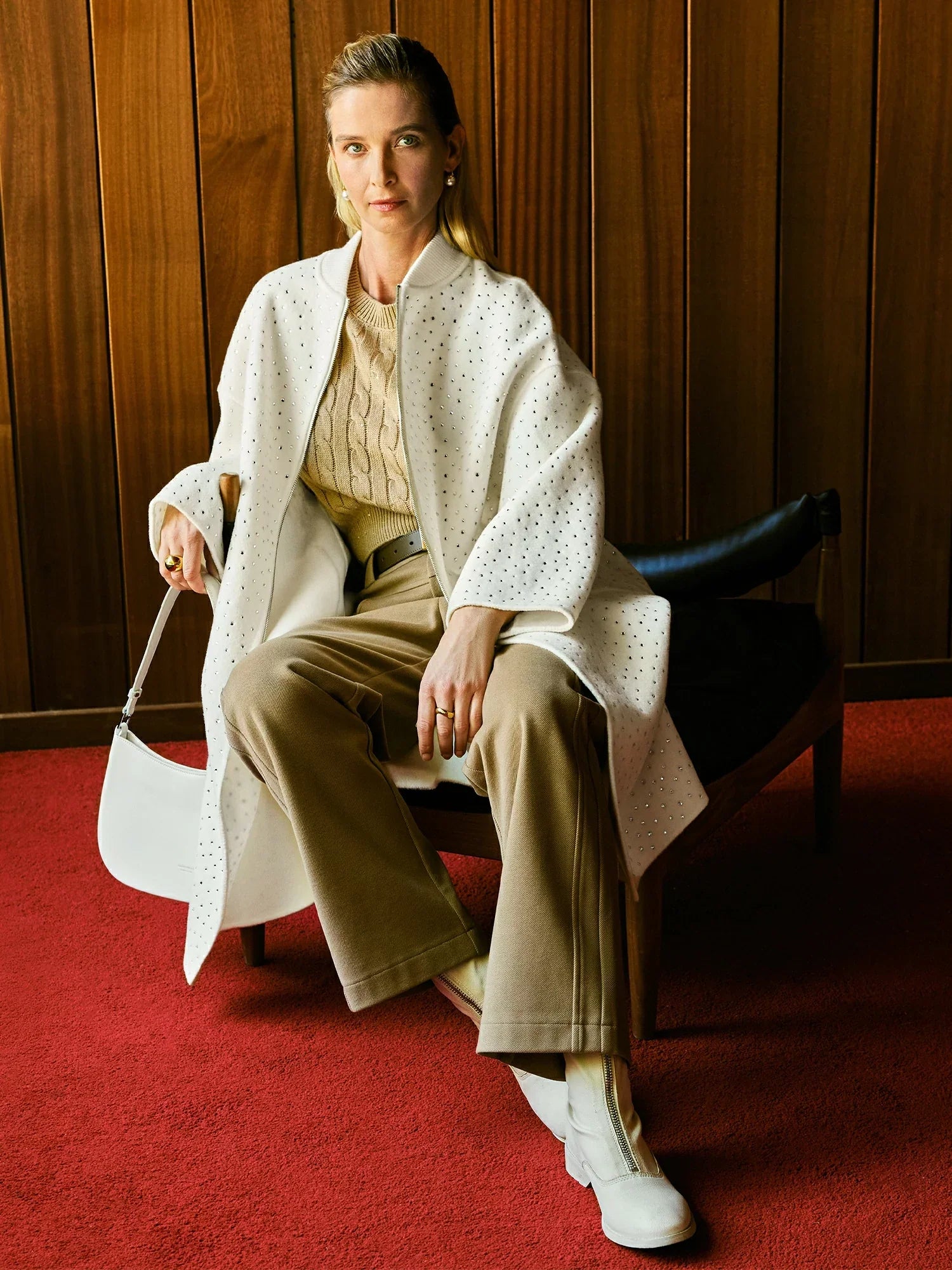 Yün Rhinestone Fermuarlı Uzun Kaban