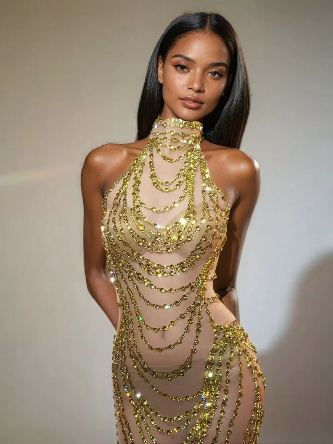 Olisa Halterneck Rhinestone Maksi Elbise