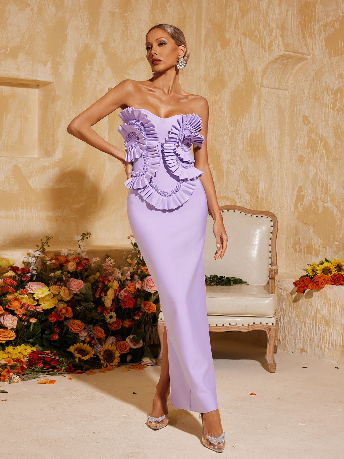 Petulah Straplez Dantelli Bandaj Maksi Elbise