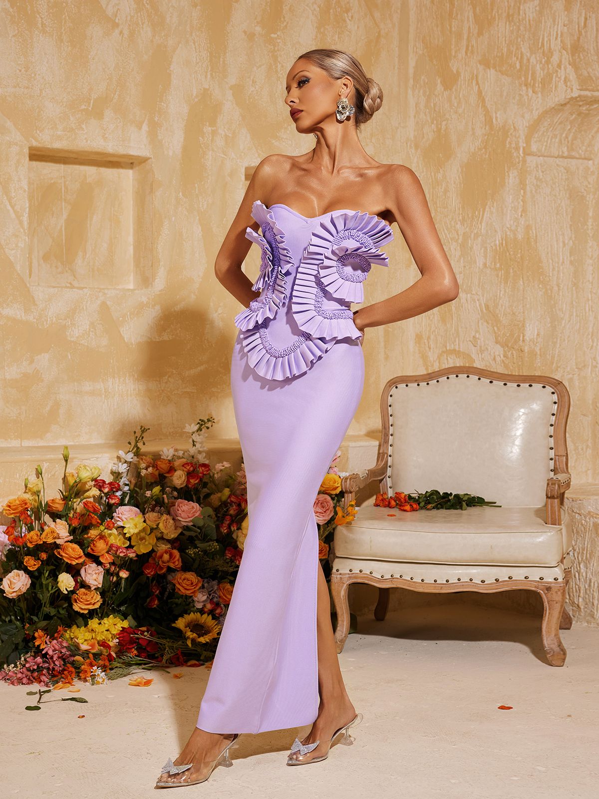 Petulah Straplez Dantelli Bandaj Maksi Elbise