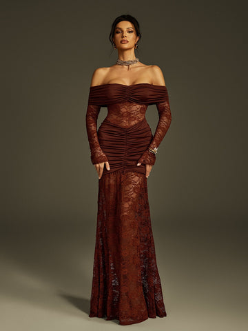 Poseidon Omuzsuz Dantel Maxi Elbise