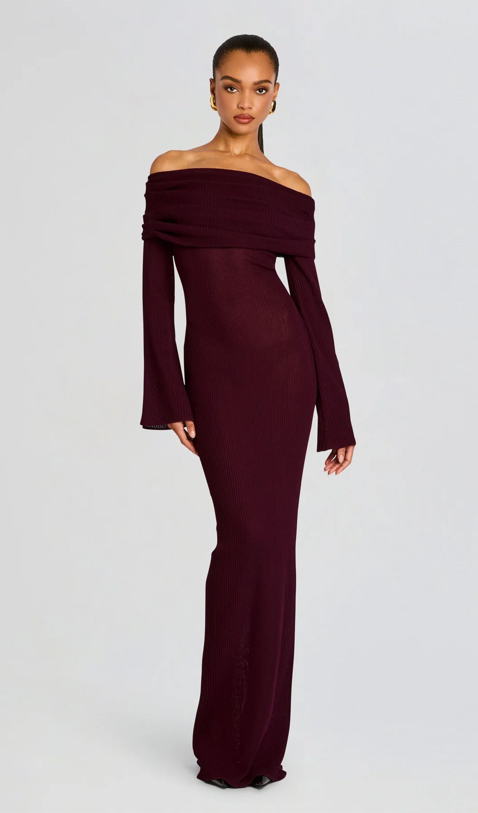 Kapalı Omuz Slim Fit Maksi Elbise