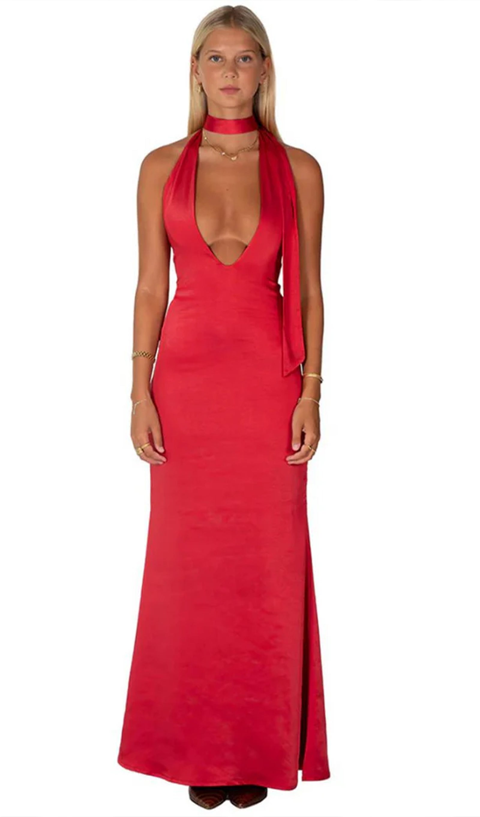 Derin V Yaka Saten Maksi Elbise