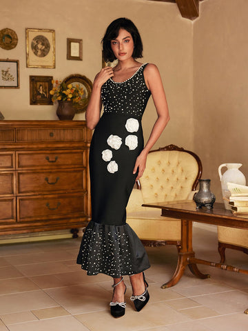 Reddy Dalma Yaka İnci Çiçekli Midi Elbise