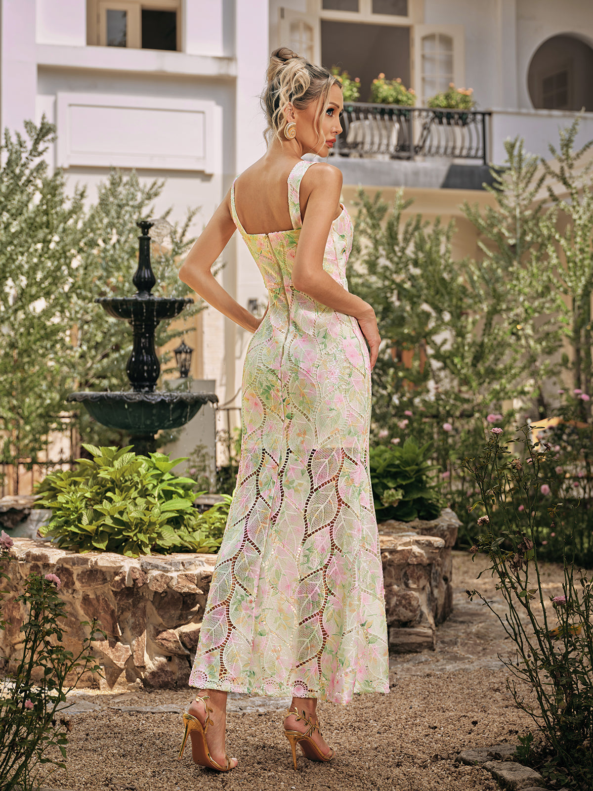 Rhun Çiçek Desenli Payetli Maxi Elbise