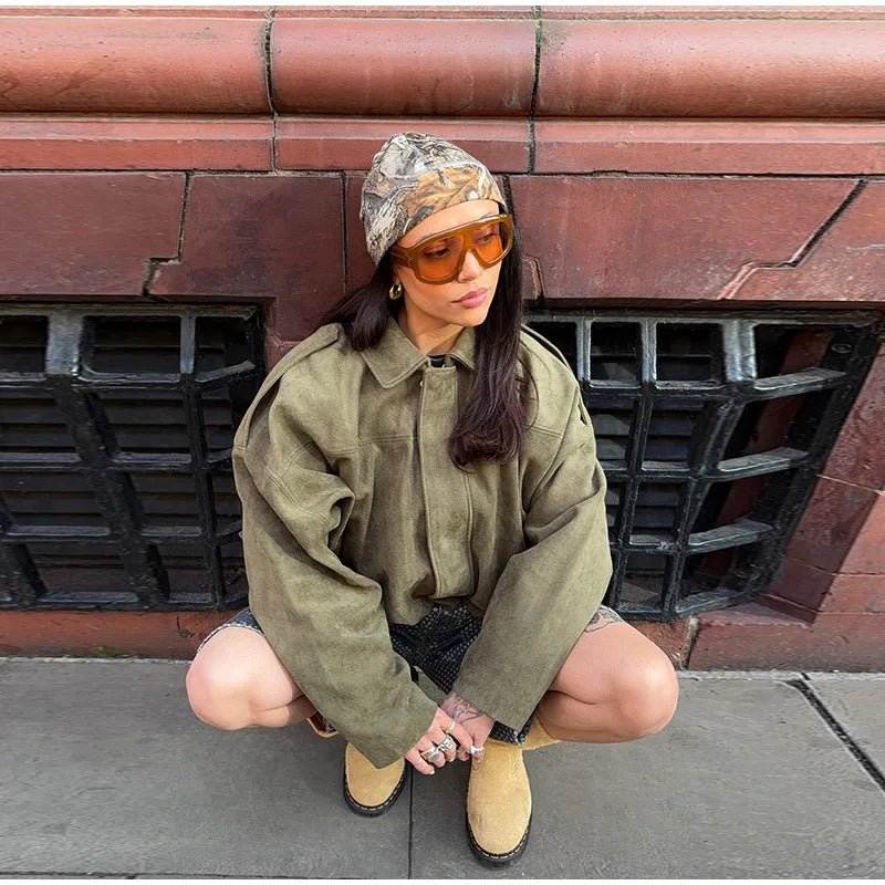 Oversize Yeşil Süet Görünümlü Gömlek Ceket