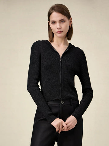 Amoretu Yün Altın Gümüş İplik Fermuarlı Kazak Ceket