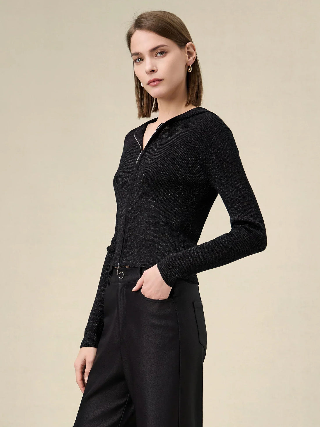 Amoretu Yün Altın Gümüş İplik Fermuarlı Kazak Ceket