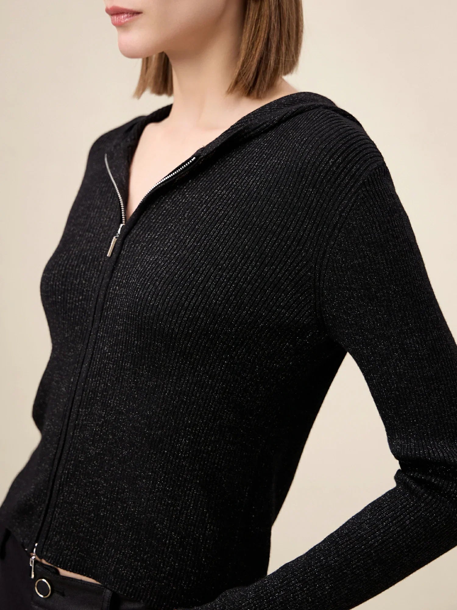 Amoretu Yün Altın Gümüş İplik Fermuarlı Kazak Ceket