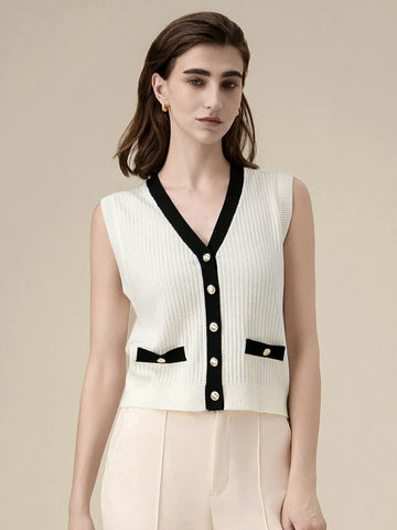 Yün Kolsuz Örme Kontrast Hırka Atlet