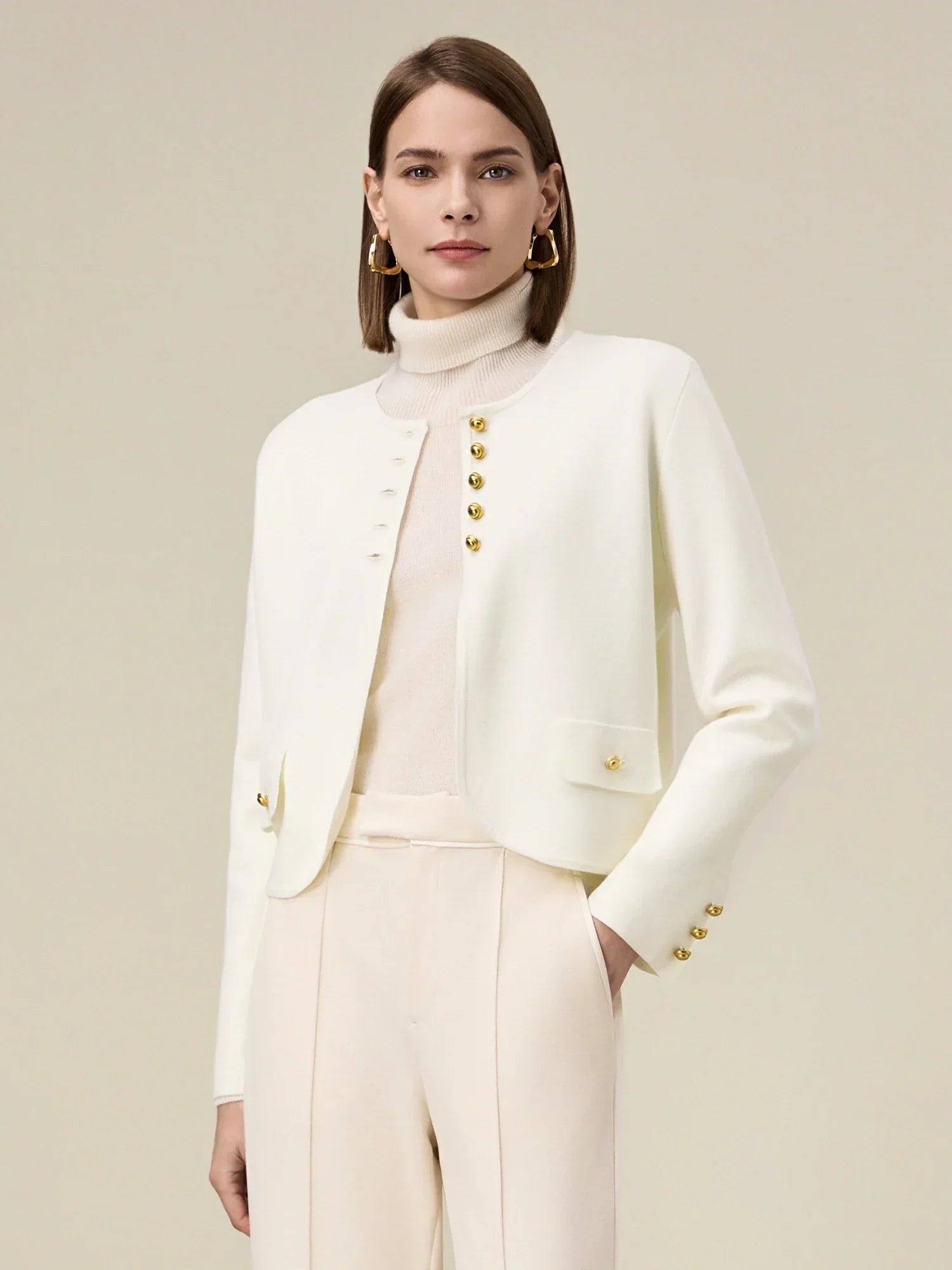 Kadın Yün Yuvarlak Yaka Uzun Kollu Ceket