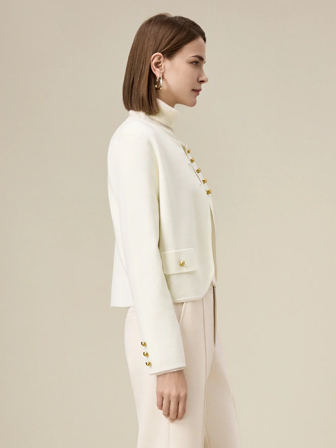 Kadın Yün Yuvarlak Yaka Uzun Kollu Ceket