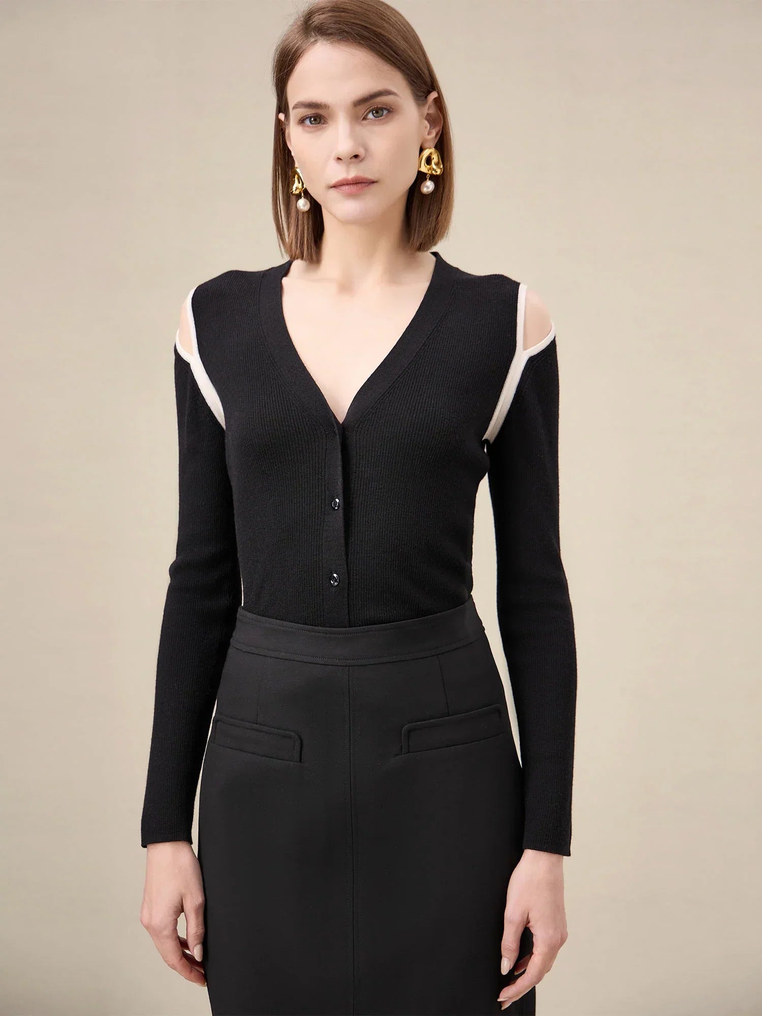 Yün & İpek Kontrastlı Kapalı Omuz Hırka