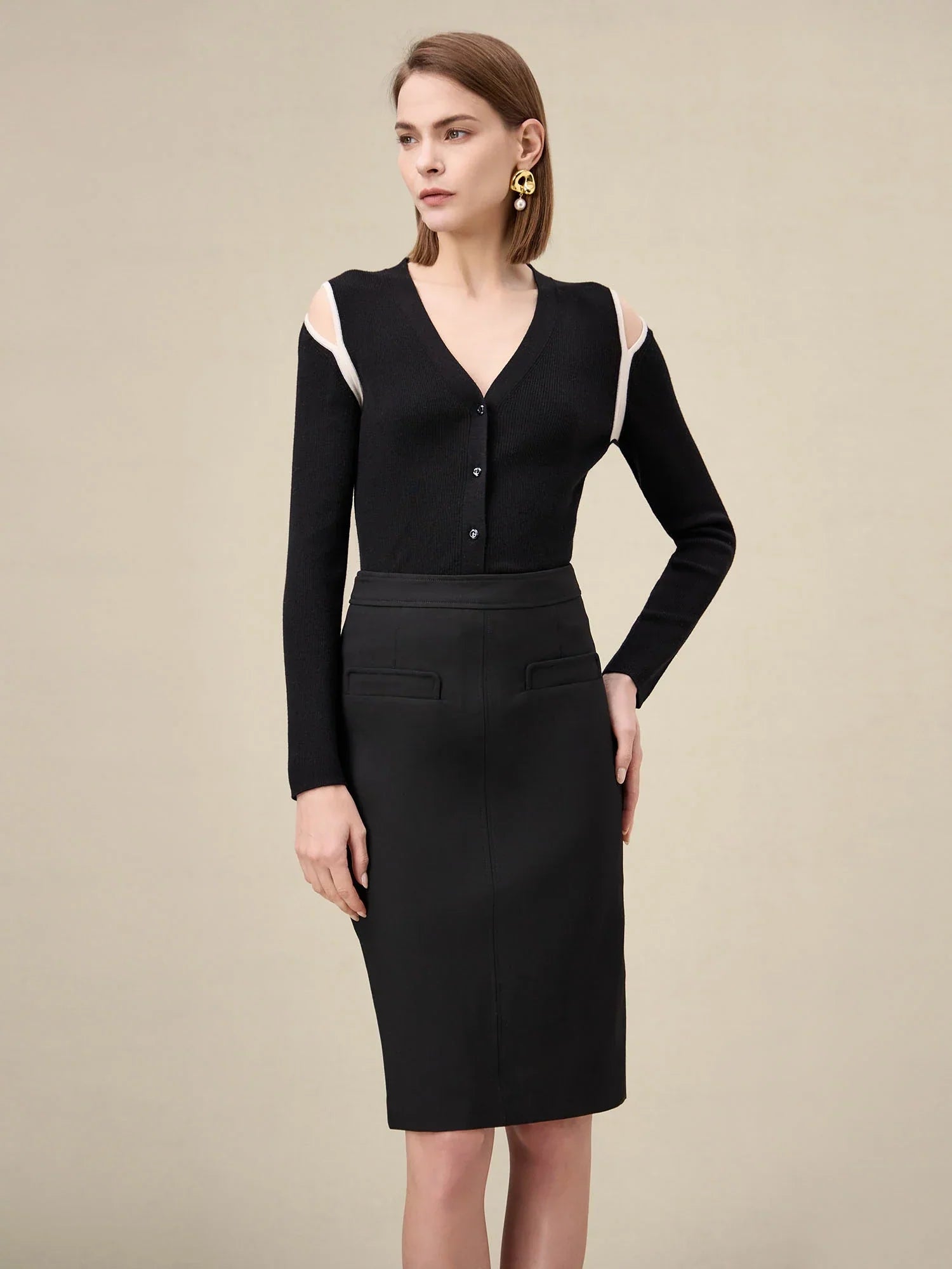 Yün & İpek Kontrastlı Kapalı Omuz Hırka