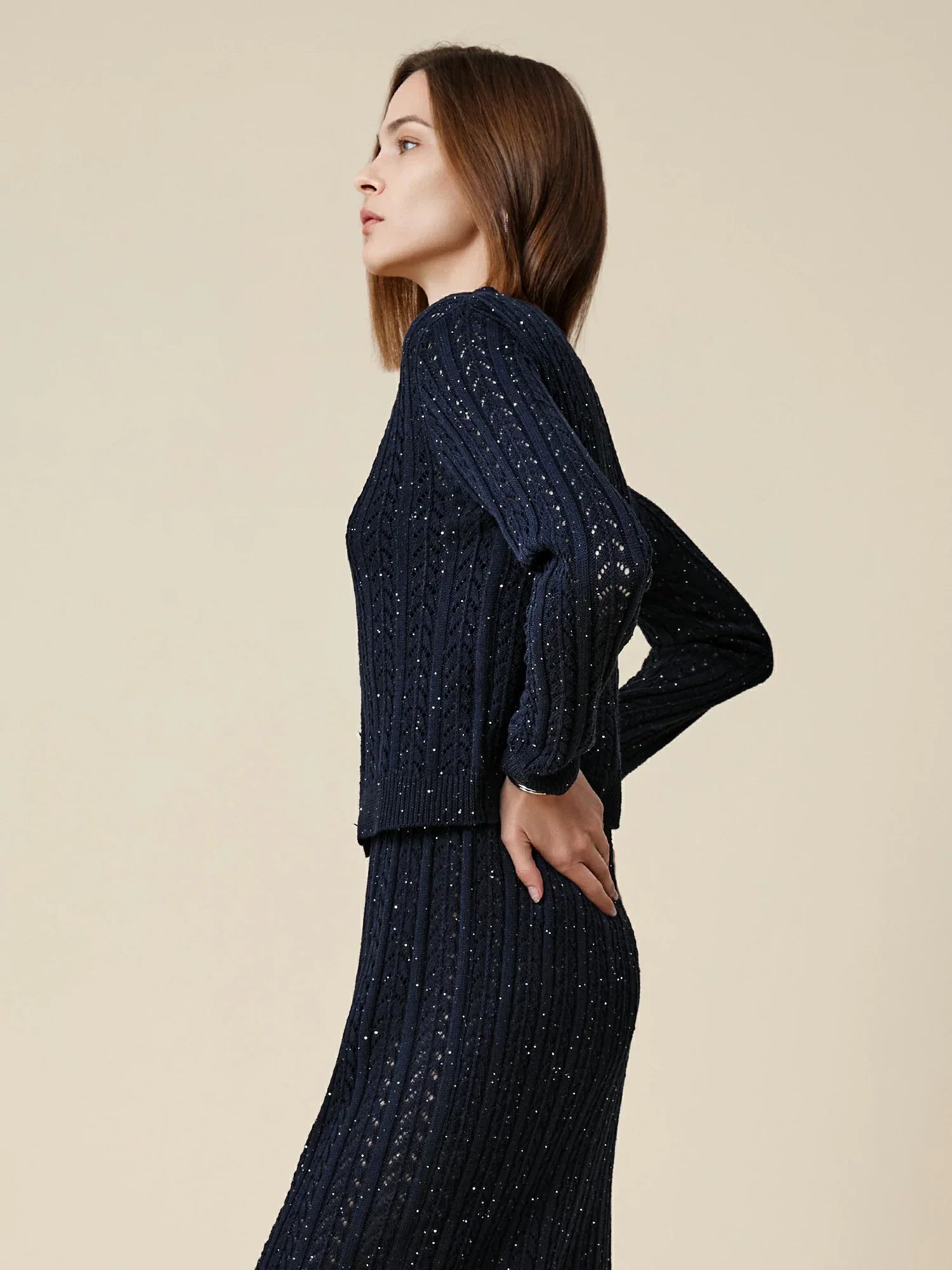 Amoretu Lyocell & Keten Ajur Payet Örme Hırka