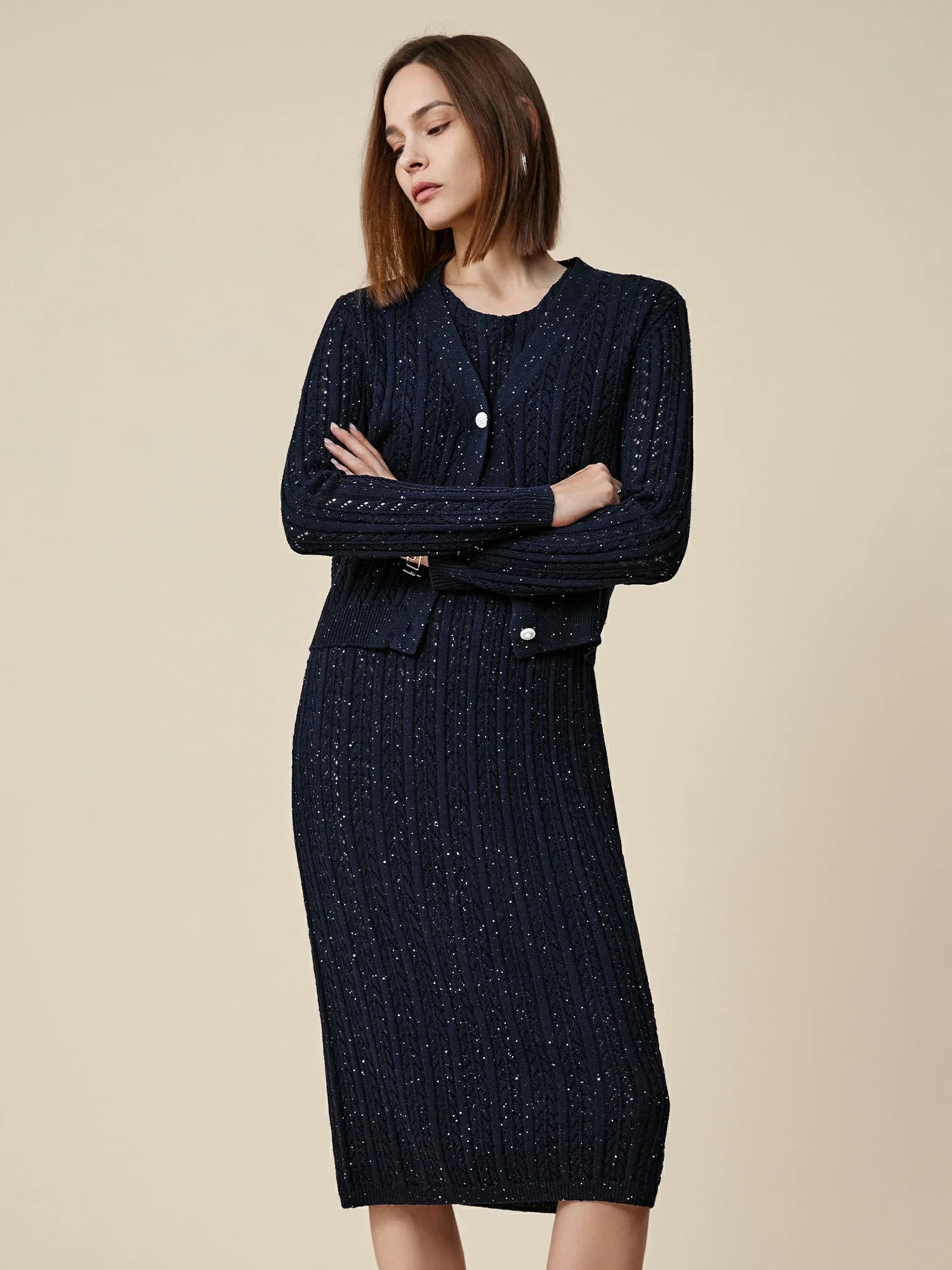 Amoretu Lyocell & Keten Ajur Payet Örme Hırka