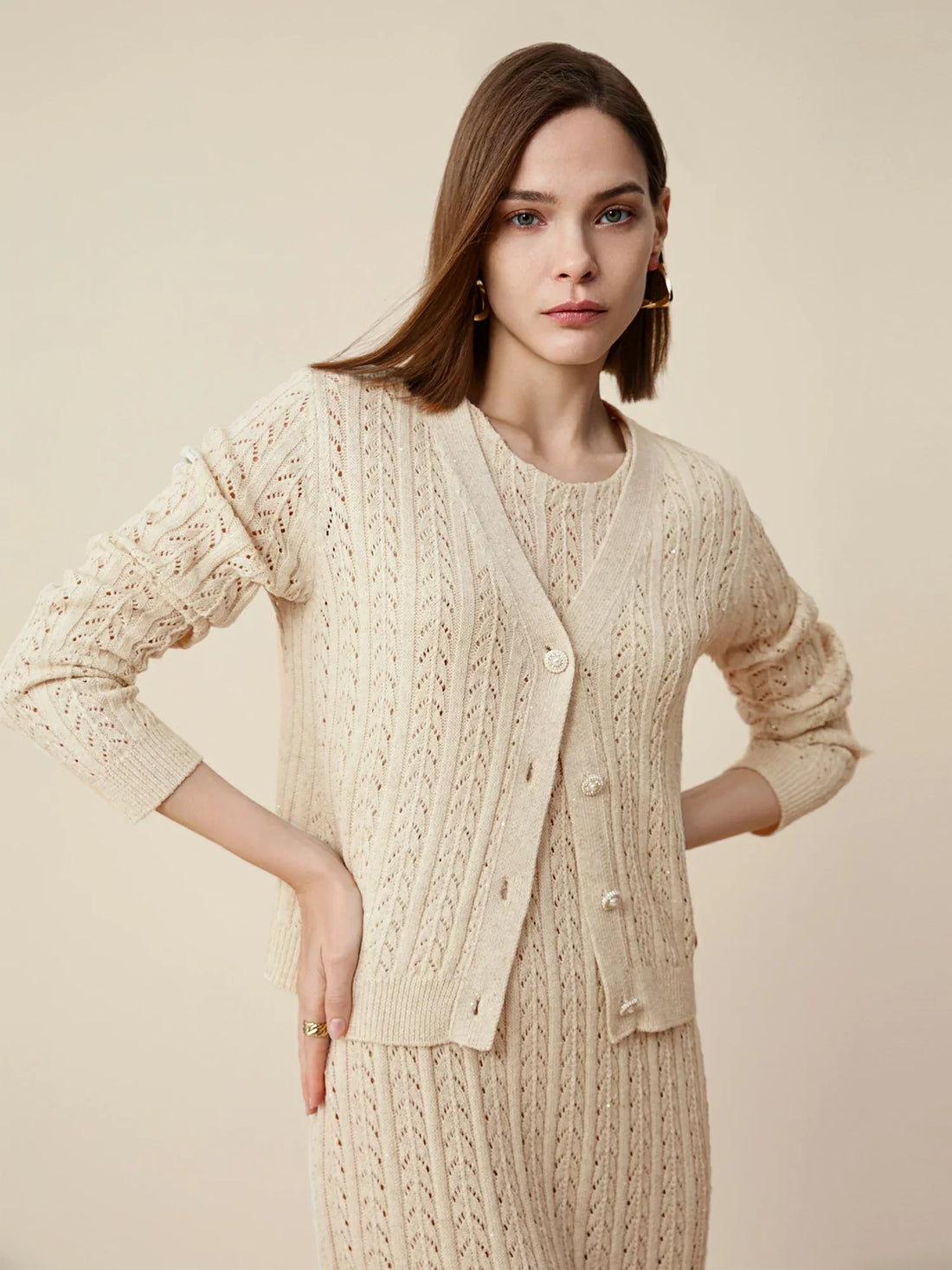 Amoretu Lyocell & Keten Ajur Payet Örme Hırka