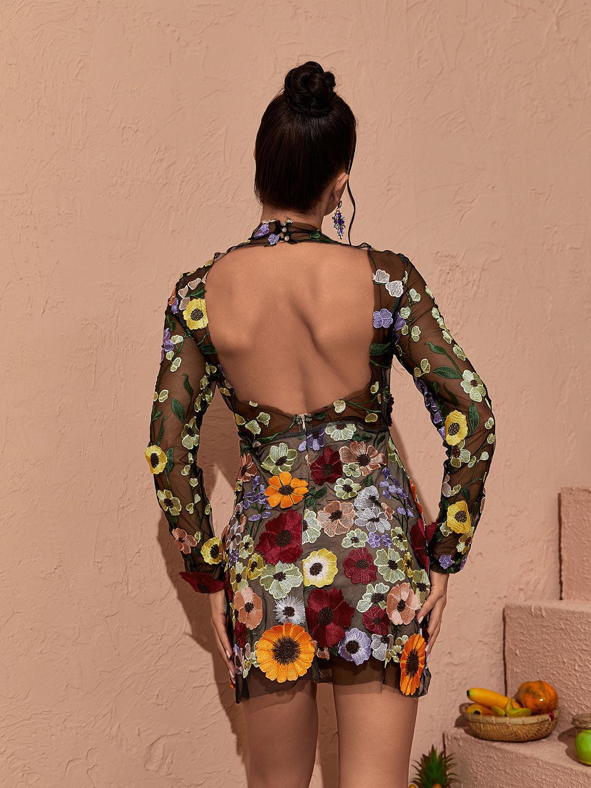 Saige Siyah Uzun Kollu File Çiçek Mini Elbise