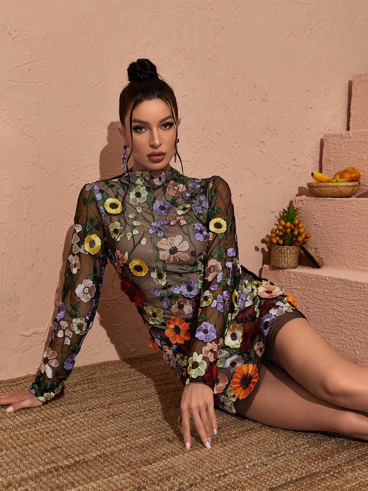 Saige Siyah Uzun Kollu File Çiçek Mini Elbise