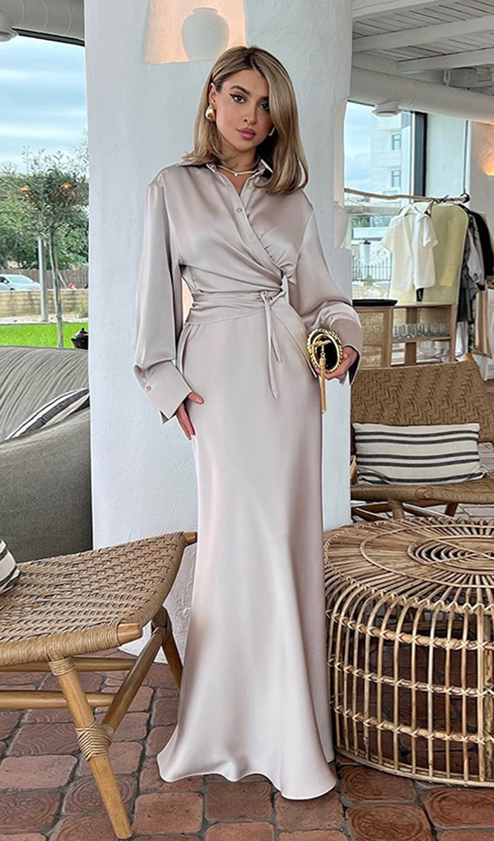 Düz Saten Gömlek Maksi Elbise