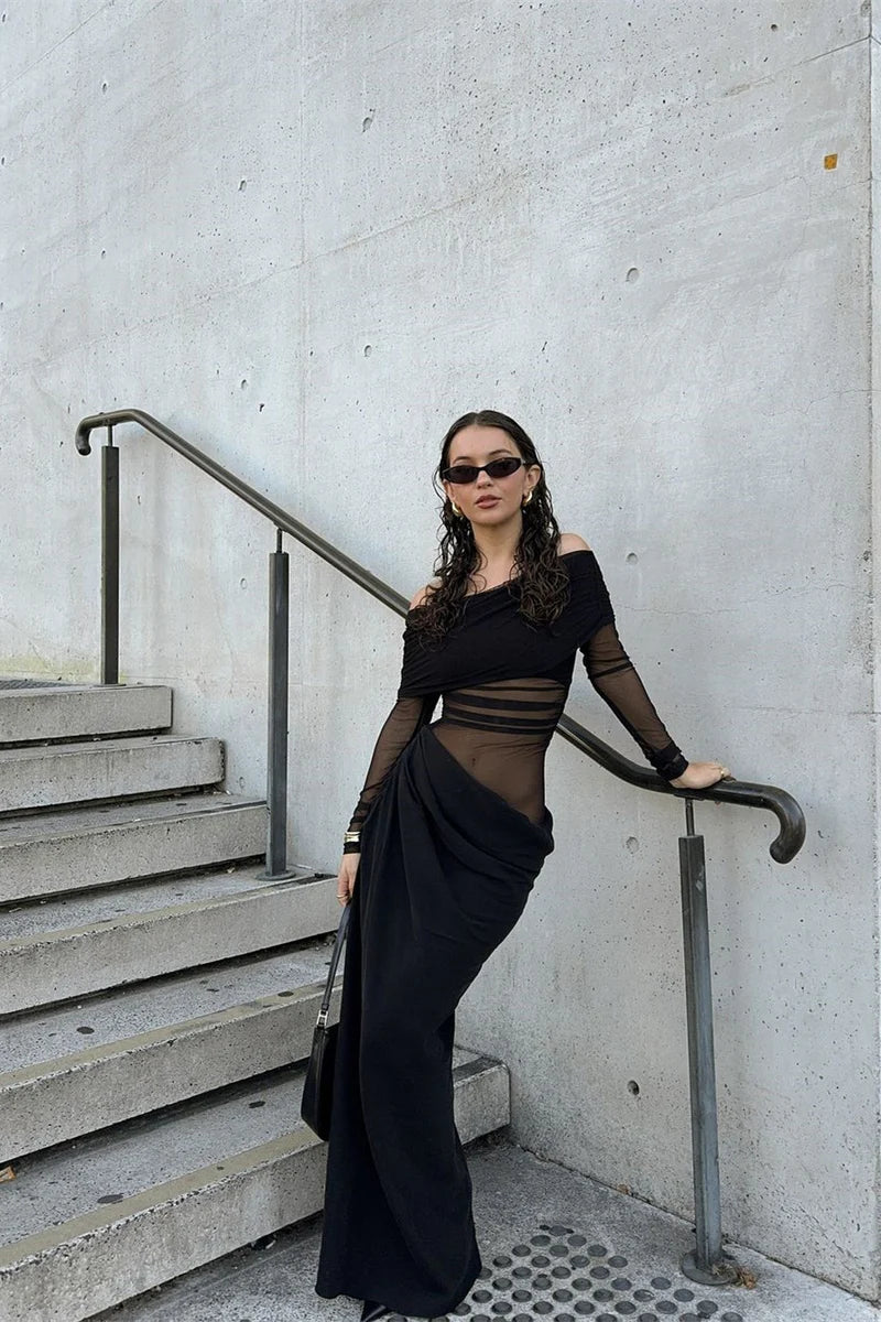 Kapalı Omuz Şeffaf Maksi Siyah