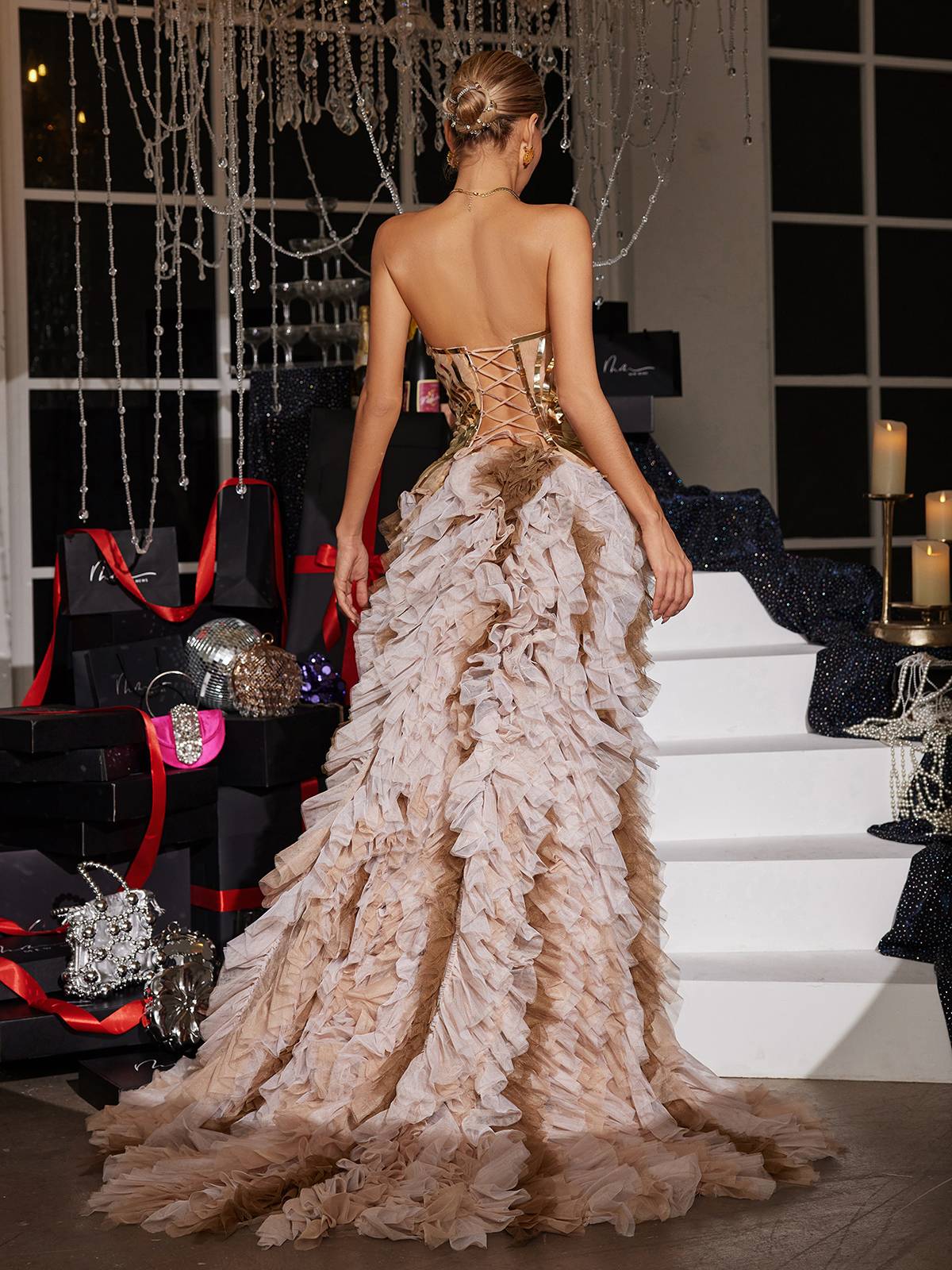 Tiemo Akrilik Tül Süslemeli Maksi Elbise Altın