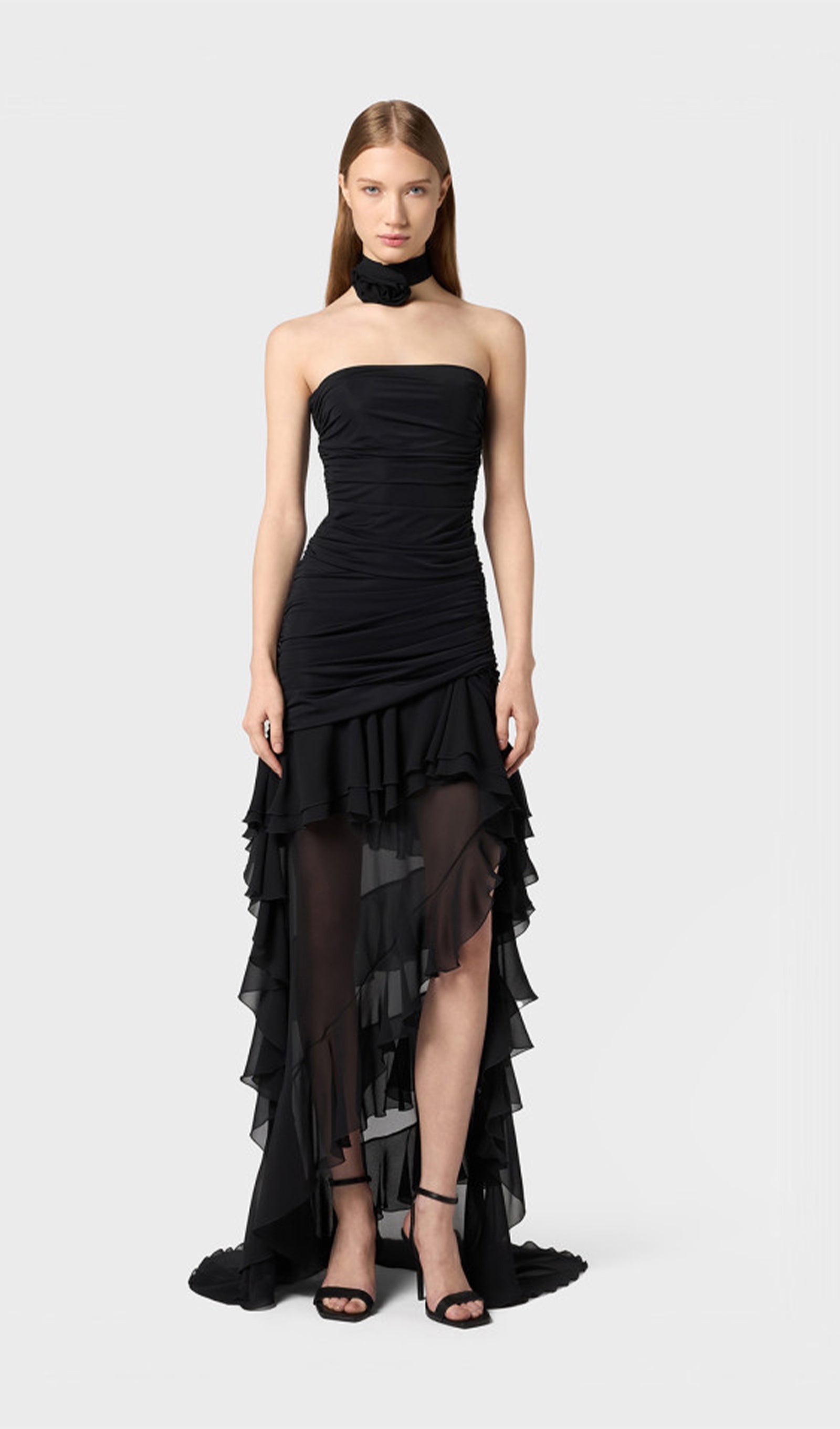 Büstiyer Şifon Fırfırlı Midi Elbise