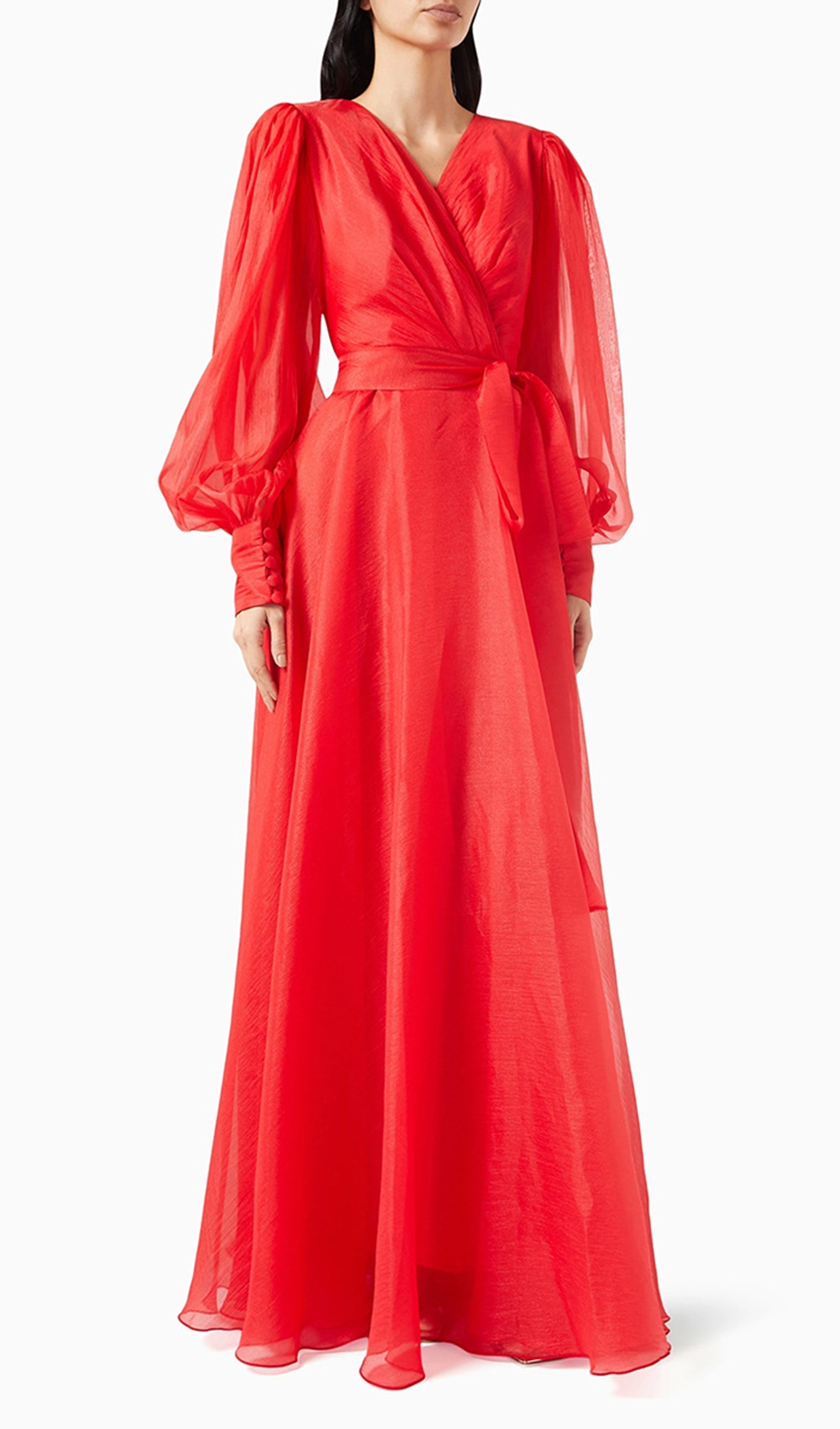 Fener Kollu V Yaka Bel Kemerli Maksi Elbise