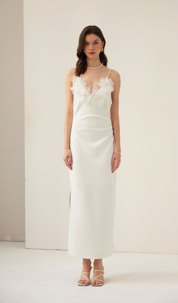 Tüy Süslemeli Slip Midi Elbise