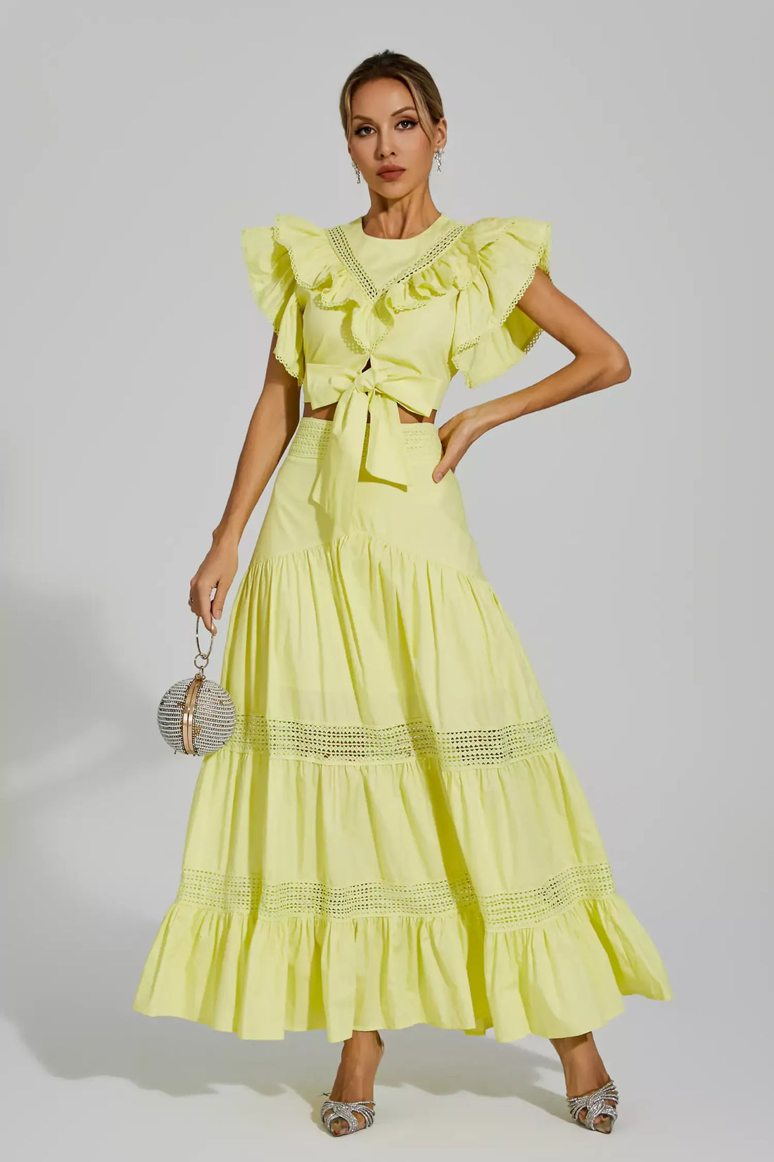 Coverdale Sarı Fırfırlı Kolsuz Maxi Takım