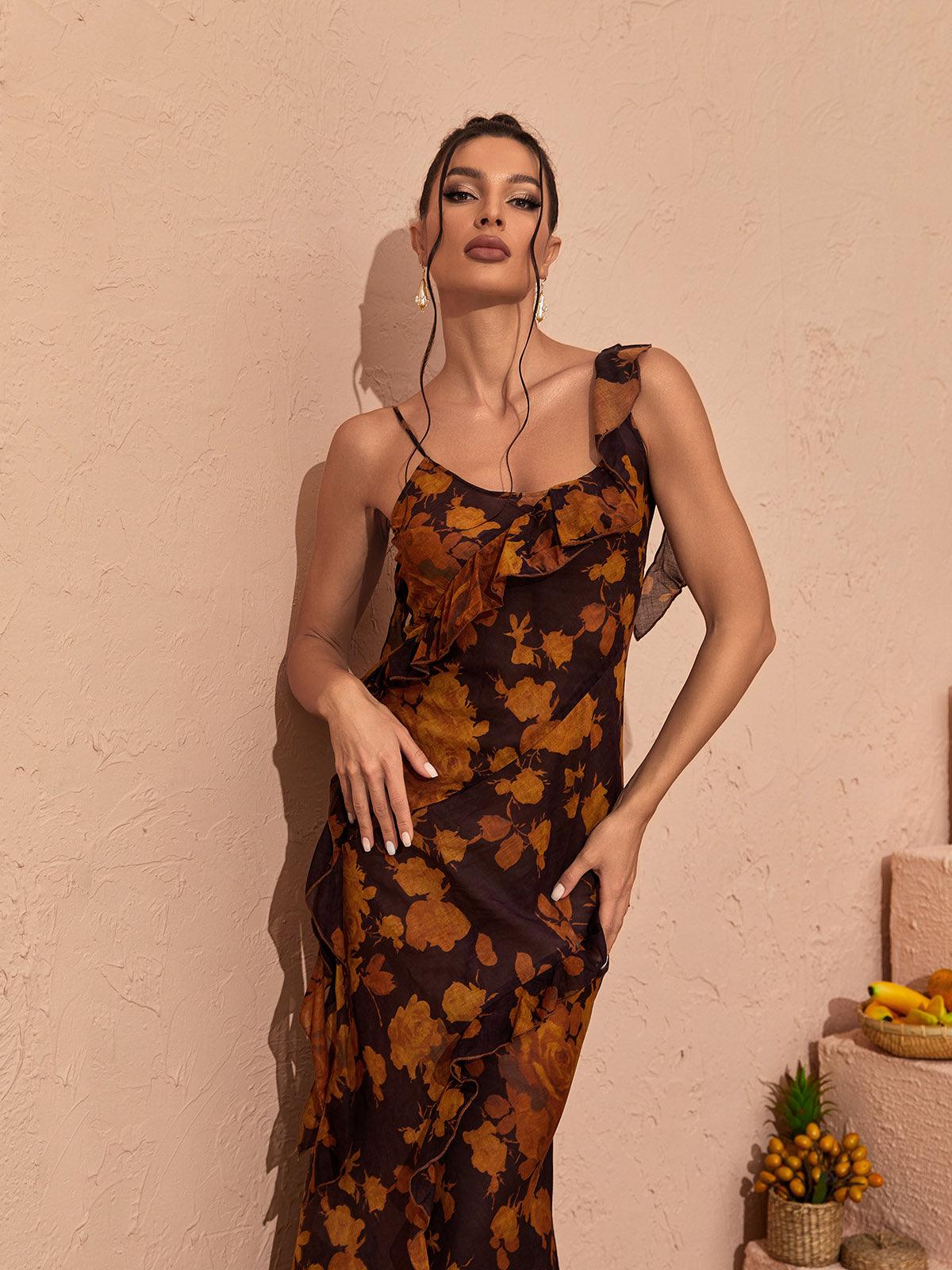 Zuri Fırfırlı Çiçek Baskılı Maxi Elbise