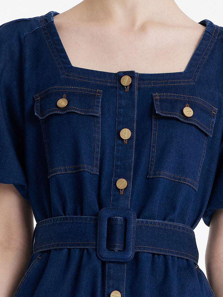 Puf Kollu Kare Yaka Denim Kadın Midi Kot Elbise Kemerli