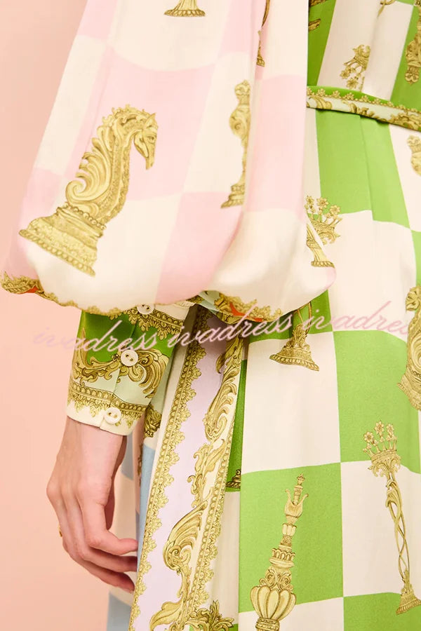 Bahçe Partisi Saten Balon Kollu Kuşaklı Gömlek Maksi Elbise