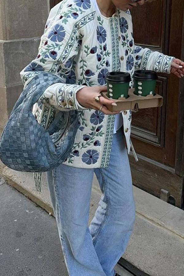 Günlük Sokak Çiçekleri Dantel Yukarı Düğmeler Patchwork O Yaka Dış Giyim