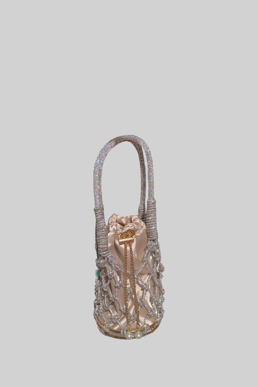 Yuvarlak fileli çanta ile bej saten çekişli kese - Gümüş