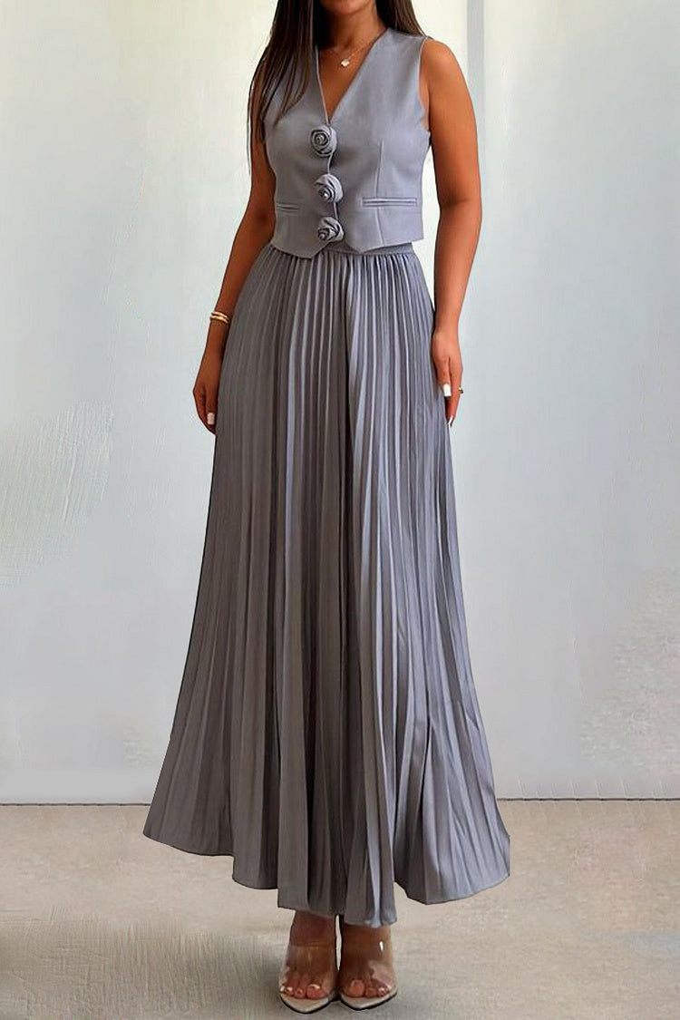 Madeline Rozet Pileli Maxi Etek Takım