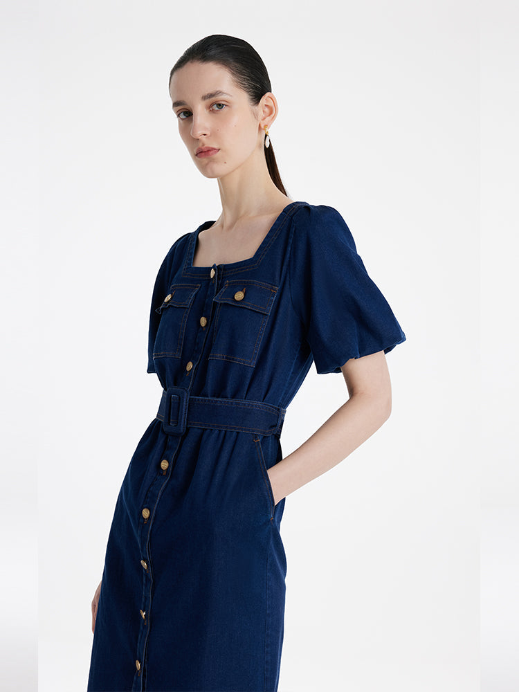 Puf Kollu Kare Yaka Denim Kadın Midi Kot Elbise Kemerli