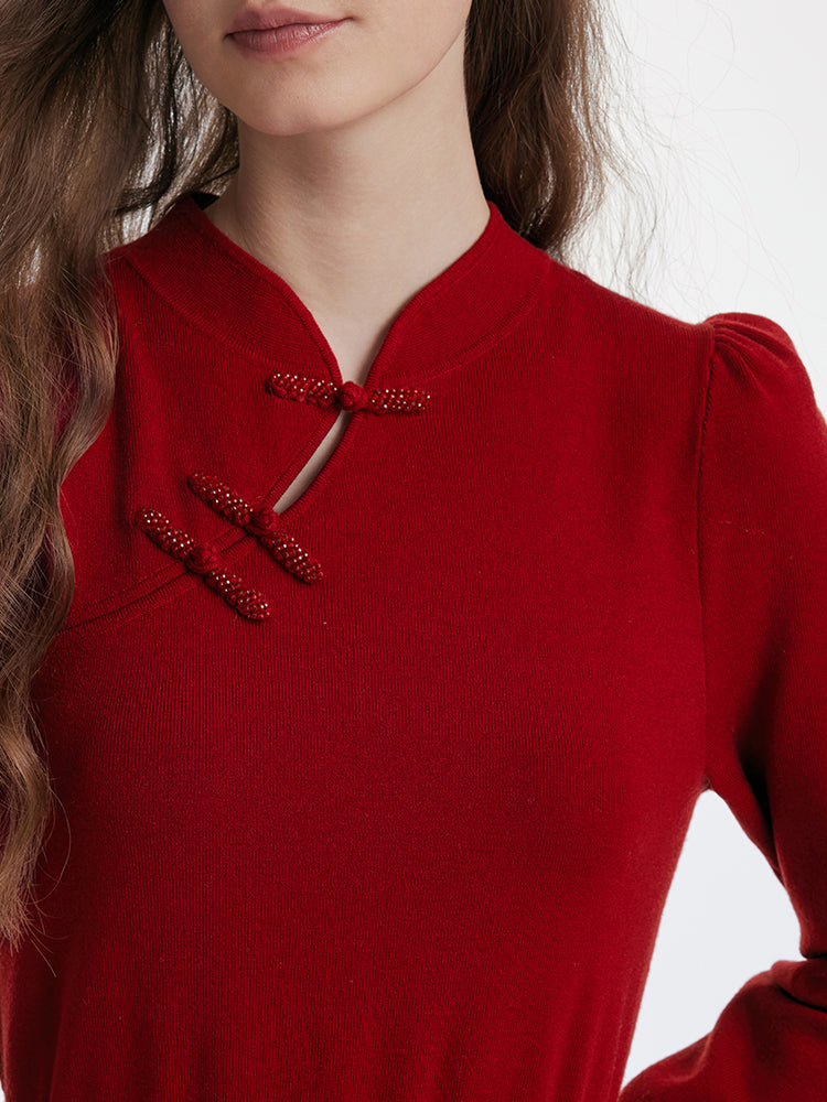 Yün Cheongsam Büzgülü Bel Qipao Kırmızı Midi Kışlık Elbise