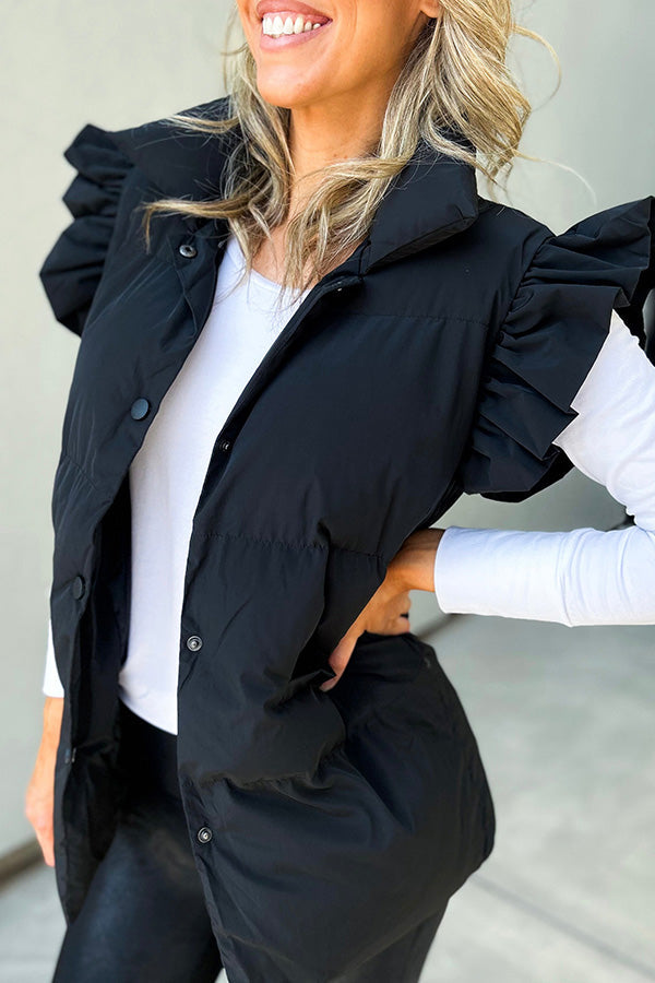 Rahat Dik Yaka, Düğmeli Çift Cepli, Uçuşan Fırfırlı Kollu Yelek