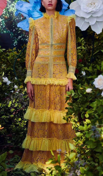 Vintage Uzun Kollu Fırfırlı Dantel Maksi Elbise Sarı