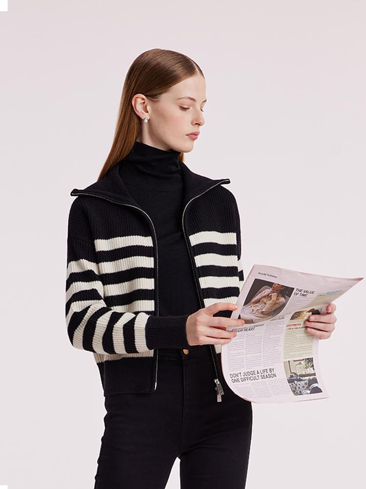 Yünlü Örme Çizgili Kadın Hırka