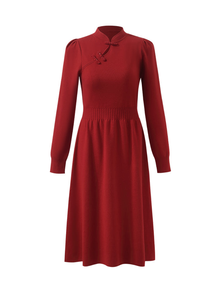 Yün Cheongsam Büzgülü Bel Qipao Kırmızı Midi Kışlık Elbise
