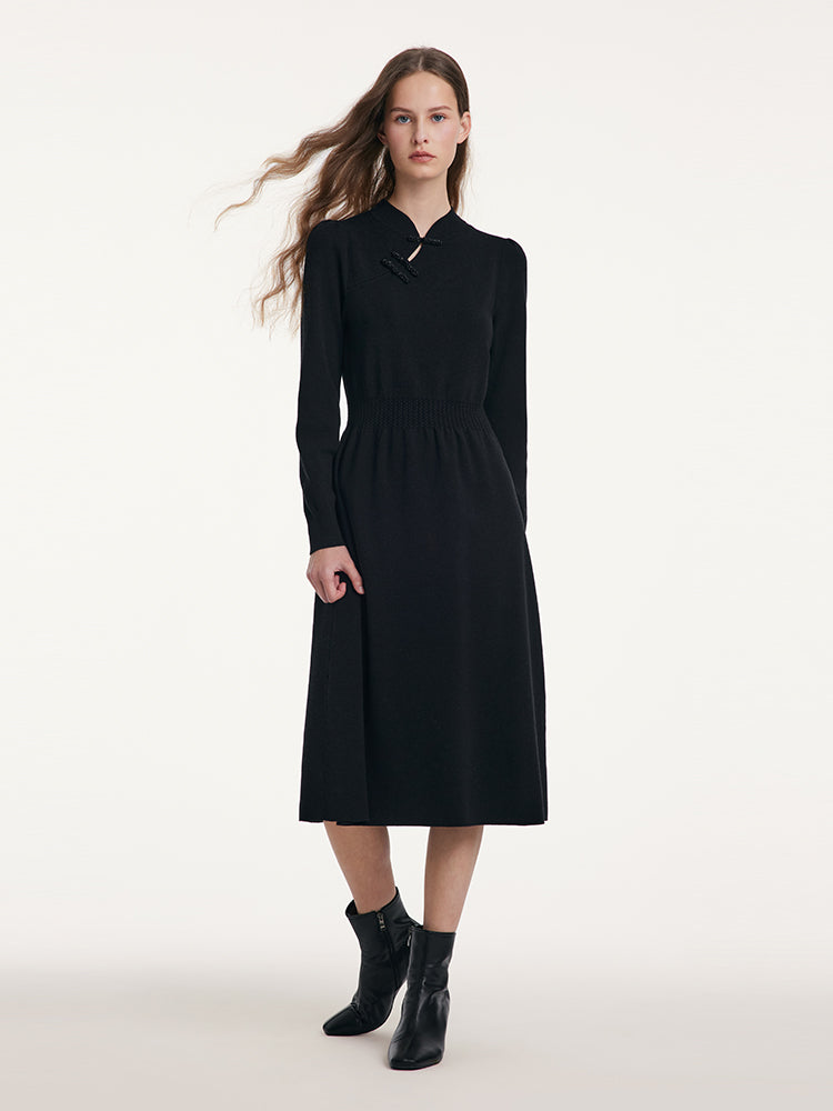 Yün Cheongsam Büzgülü Bel Qipao Kırmızı Midi Kışlık Elbise