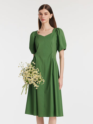 Kare Yaka Puf Kollu Kadın Midi Spor Yeşil Elbise