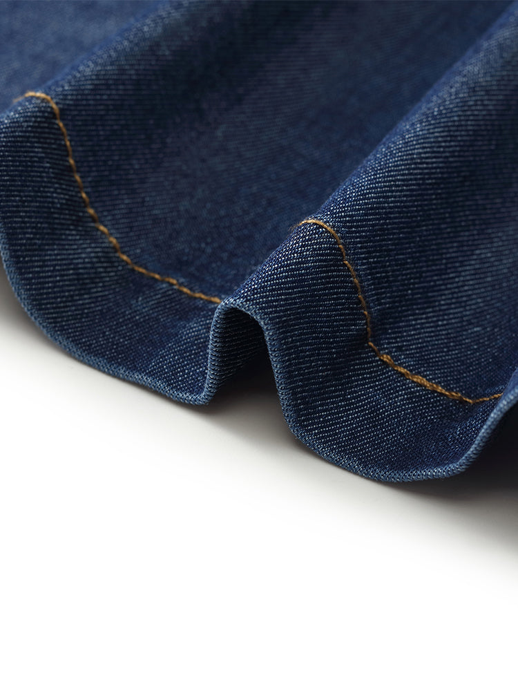 Denim Puf Kollu Tek Göğüslü Kadın Midi Kot Elbise