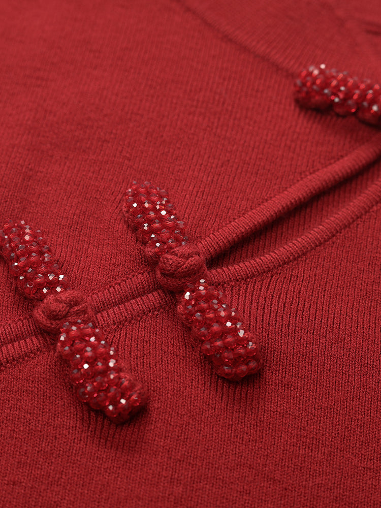 Yün Cheongsam Büzgülü Bel Qipao Kırmızı Midi Kışlık Elbise