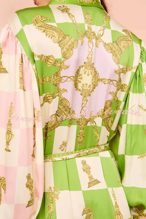 Bahçe Partisi Saten Balon Kollu Kuşaklı Gömlek Maksi Elbise