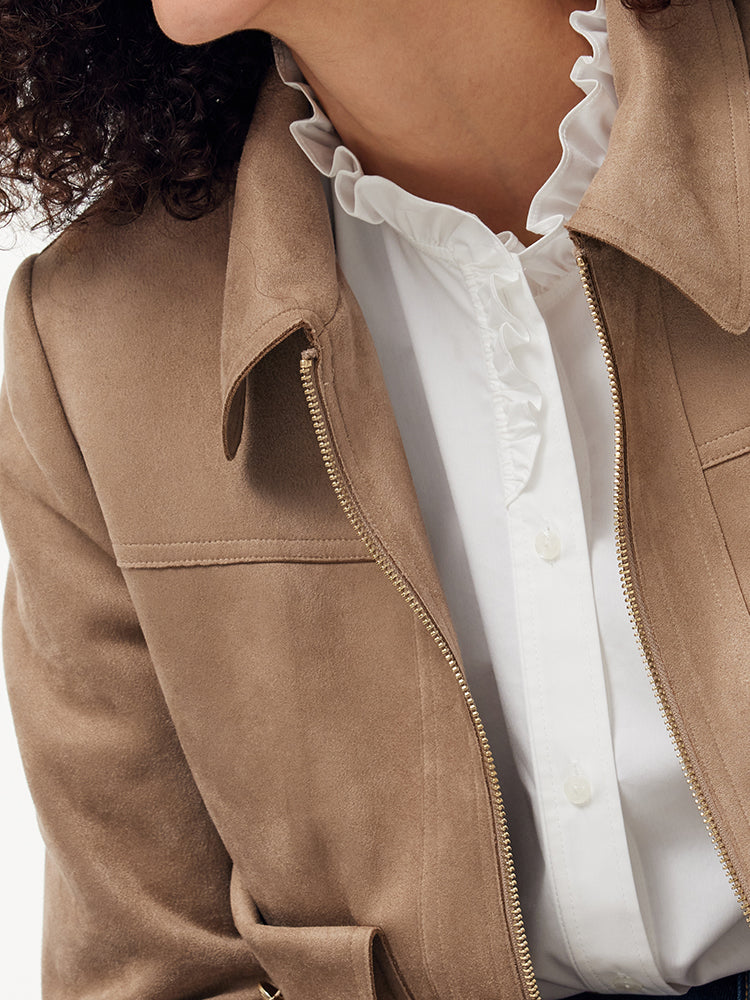 Suni Süet Zip-Up Kadın Astarlı Crop Ceket